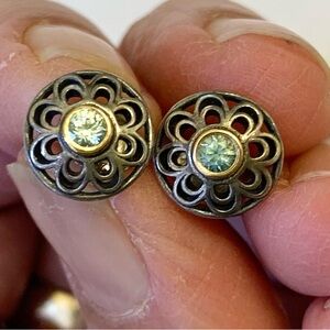 Pandora Vintage Allure Earrings in  sterling silver, 14k gold, and green spinal